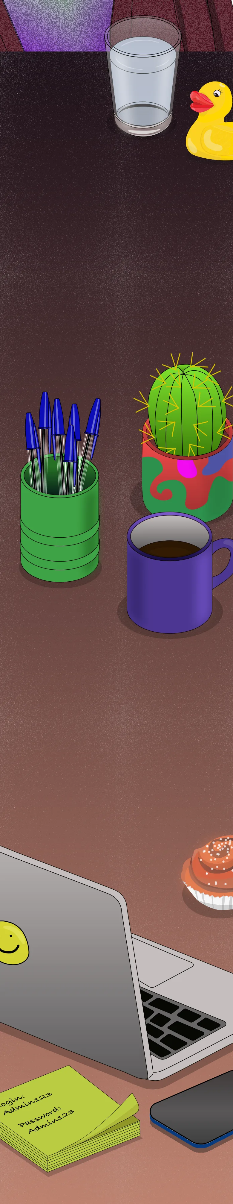 A desk scene — a glass of water, a rubber duck, a cup of pens, a cactus, a coffee mug, a laptop showing a smiley face, sticky notes, a phone and a cupcake